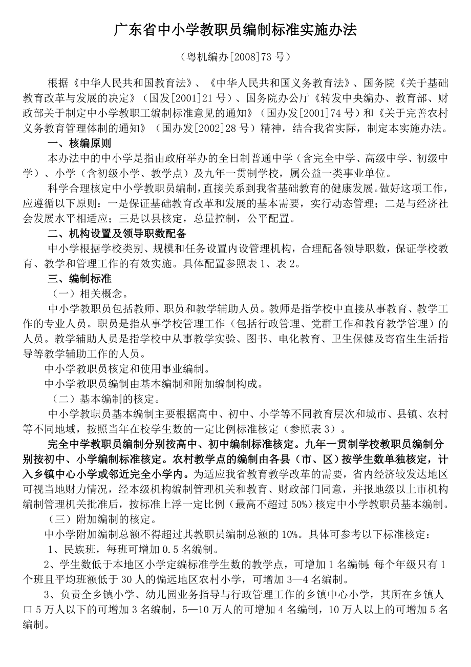 粤机编办[2008]73号广东省中小学教职员编制标准实施办法