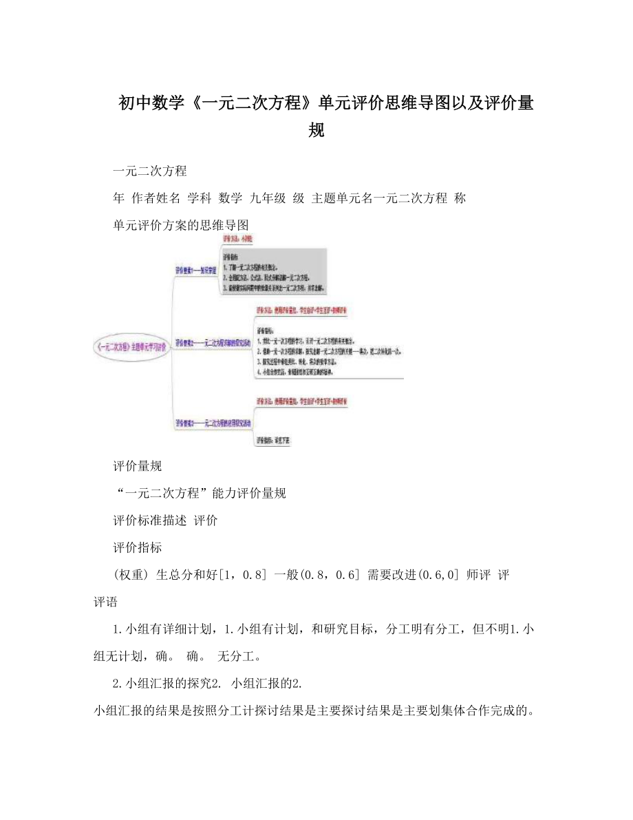 初中数学《一元二次方程》单元评价思维导图以及评价量规