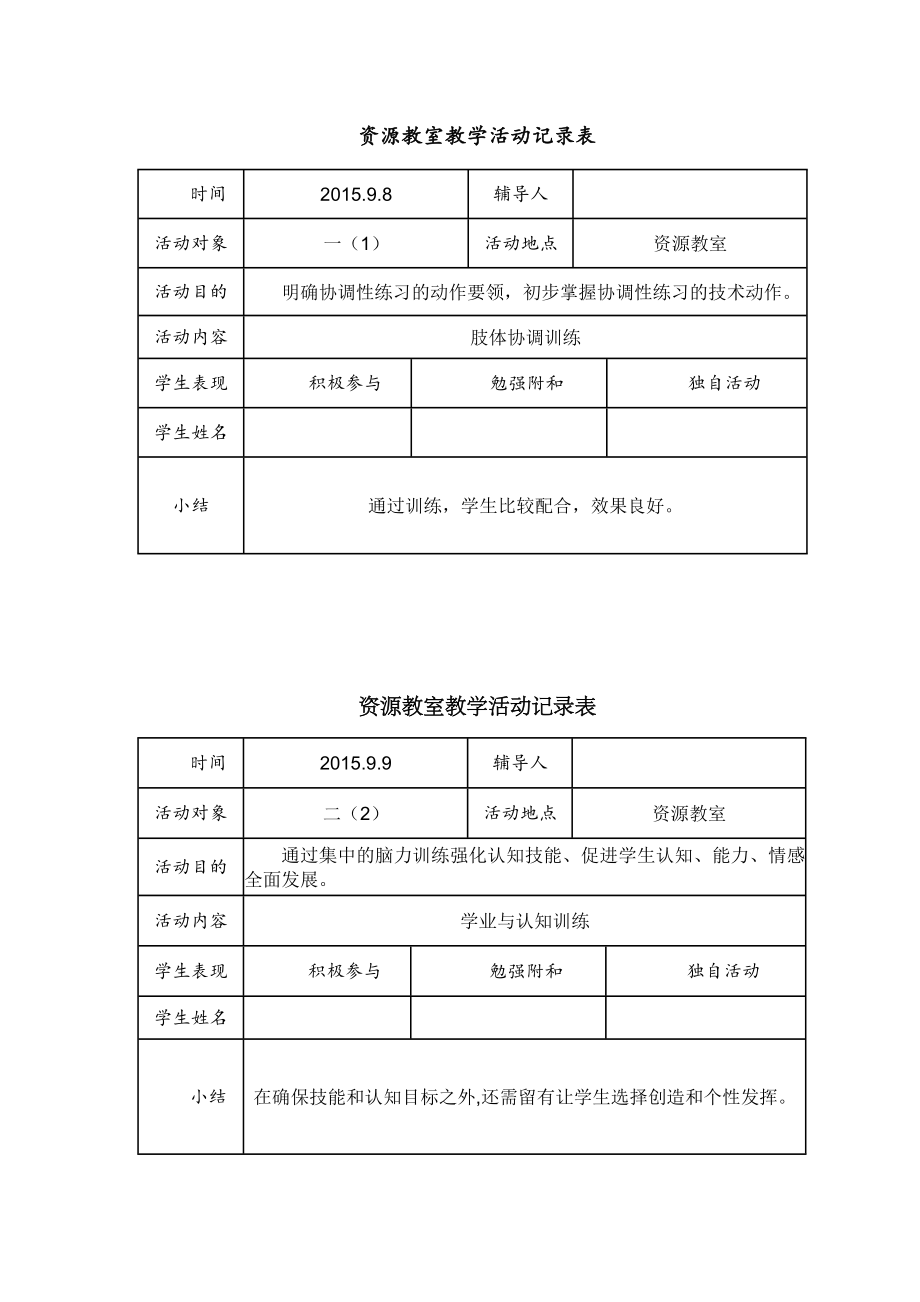 第一学期资源教室教学活动记录