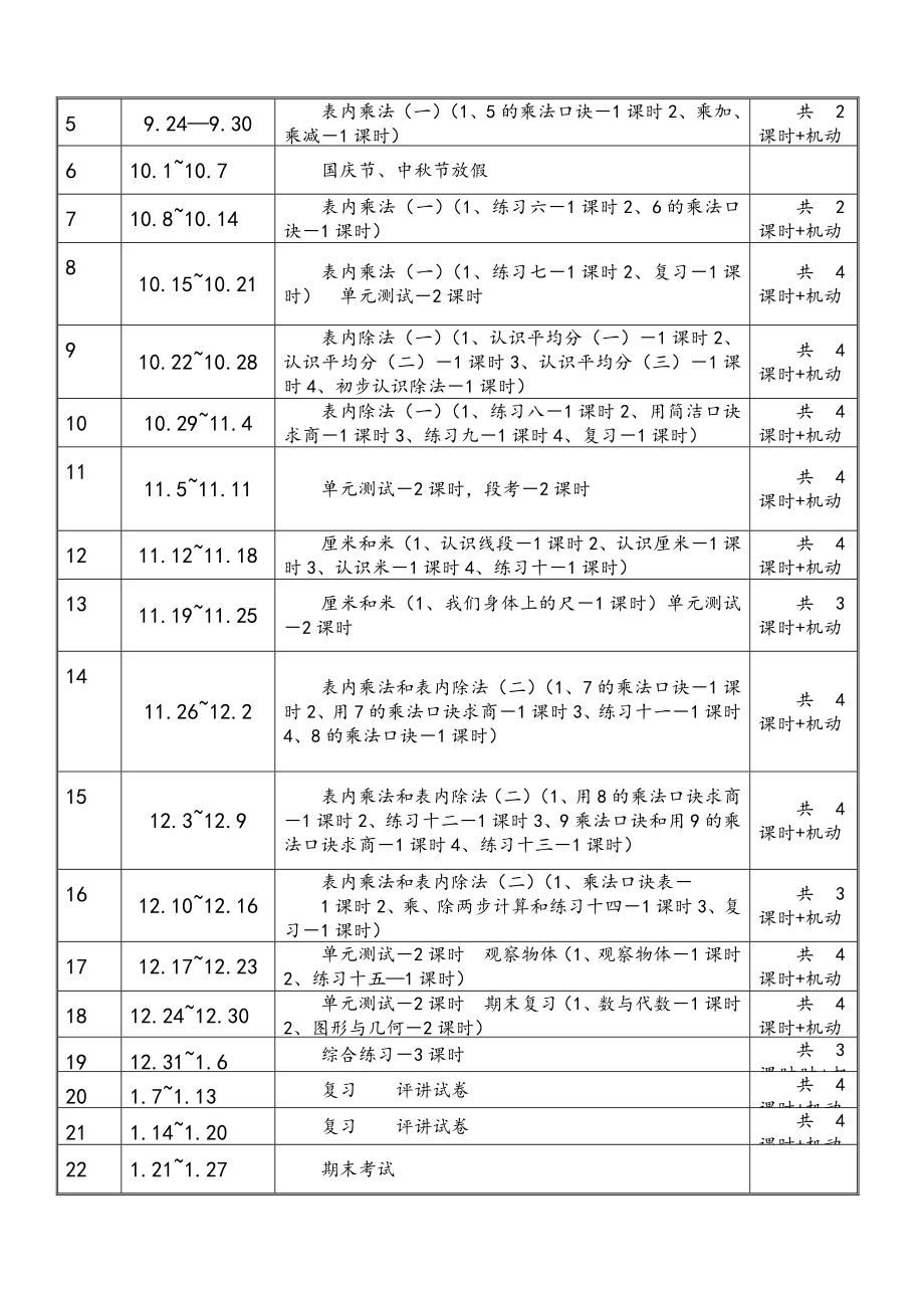 苏教版二年级上册数学教学计划及进度表