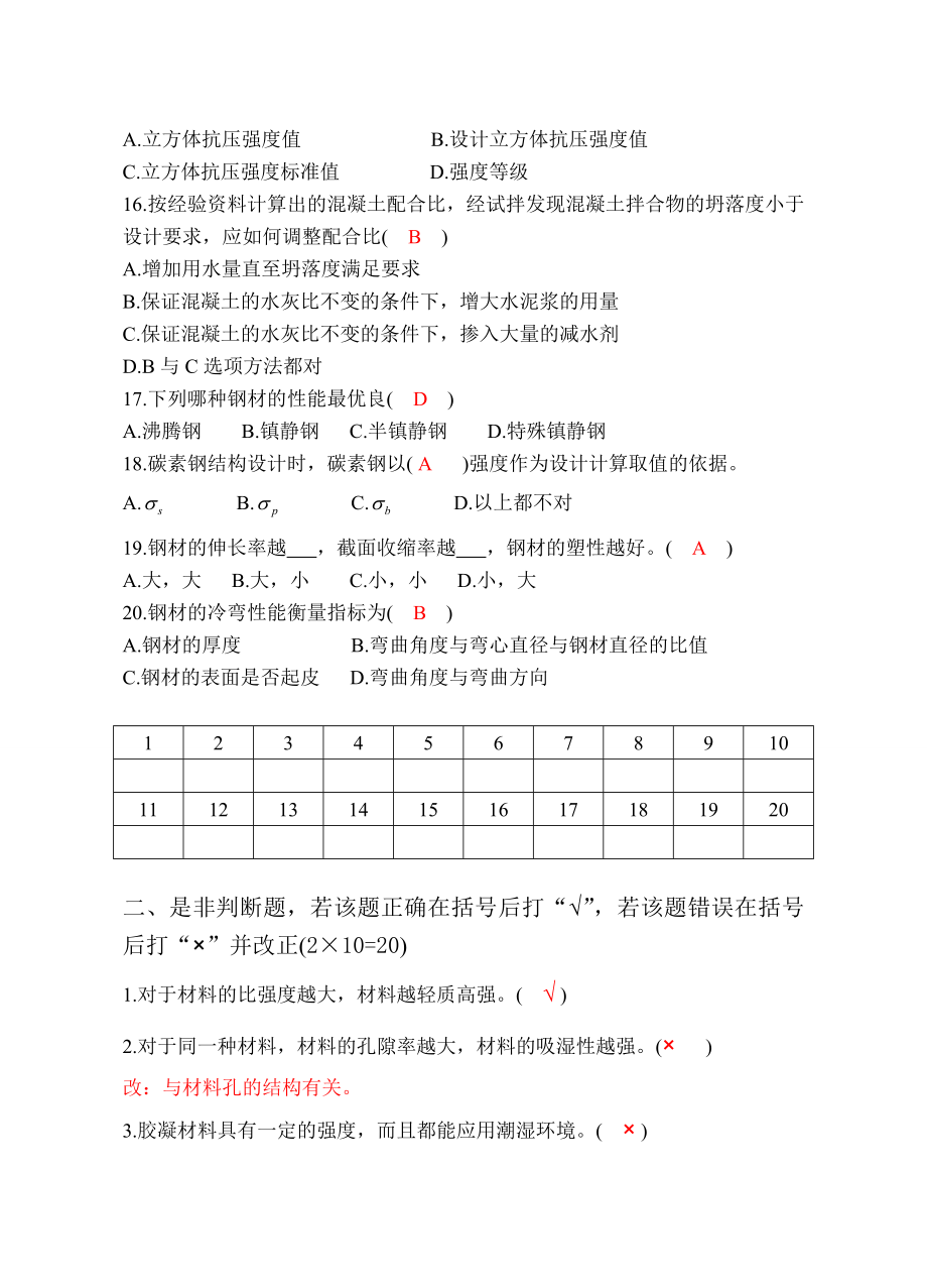 土木工程材料试卷A答案