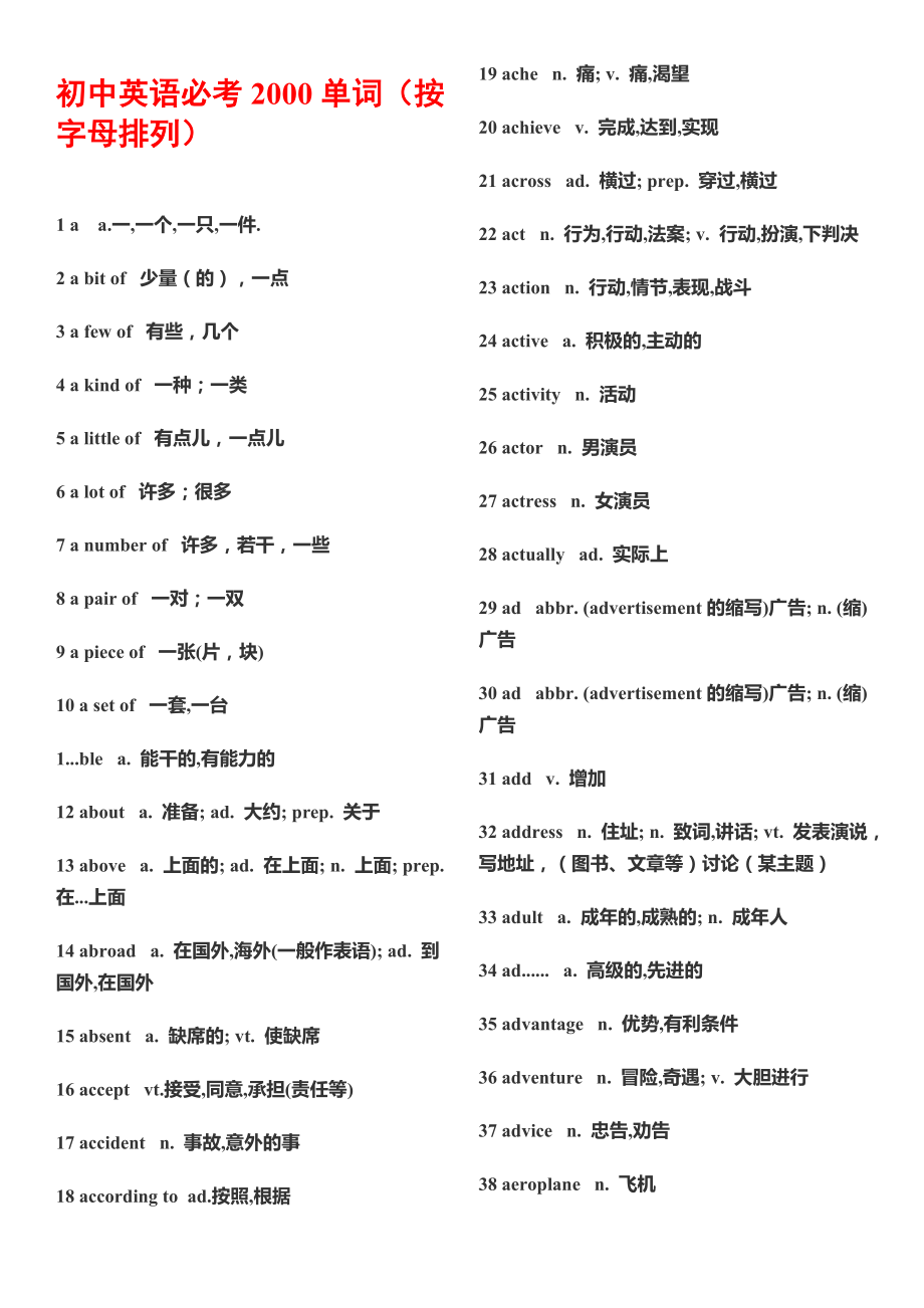 初中英语必考2000单词背诵精华