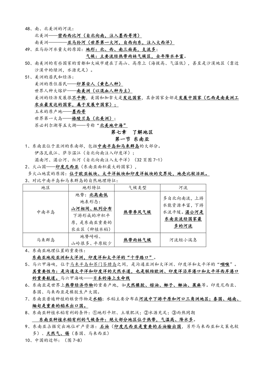 2018湘教版七年级地理下册知识点总结