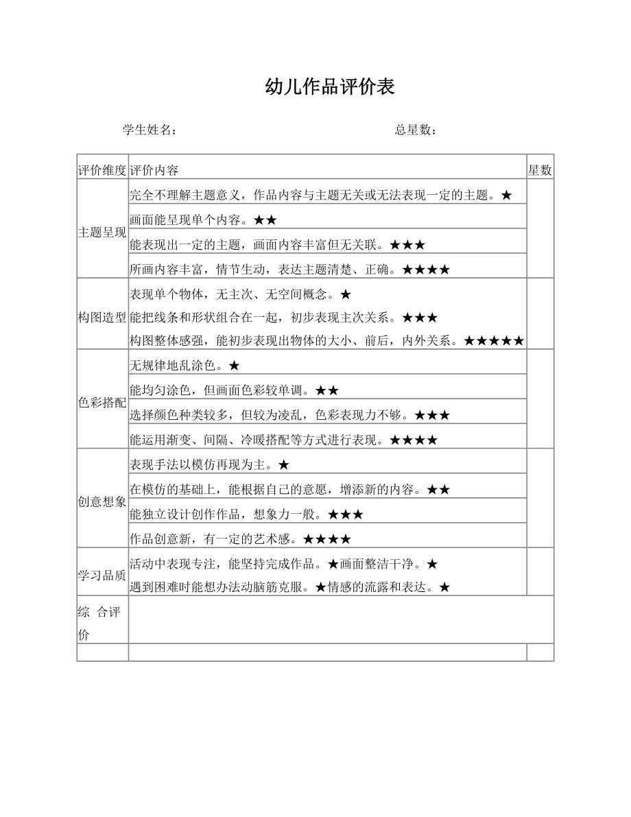 美术作品发展评价表