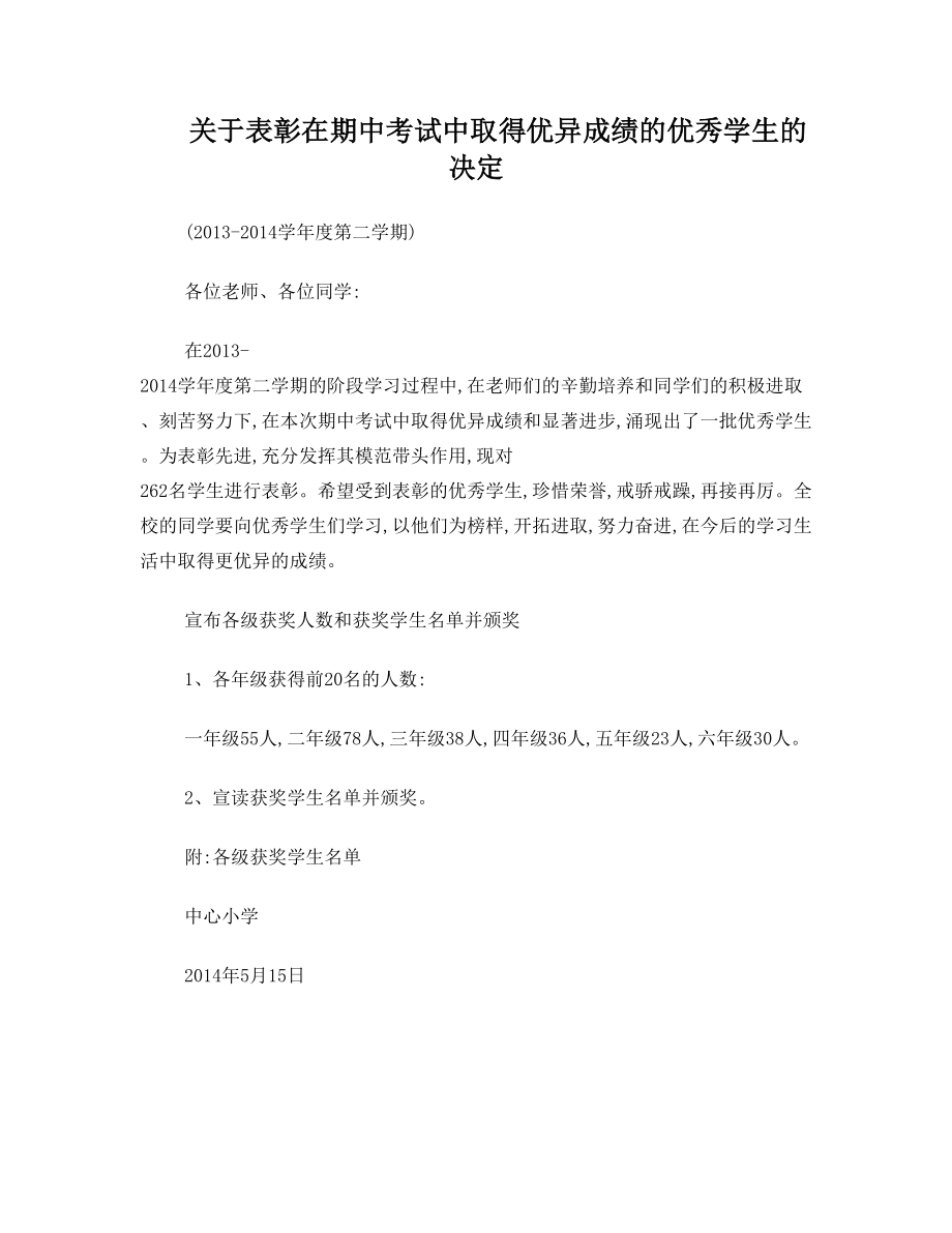 关于表彰在期中考试中取得优异成绩的优秀学生的决定