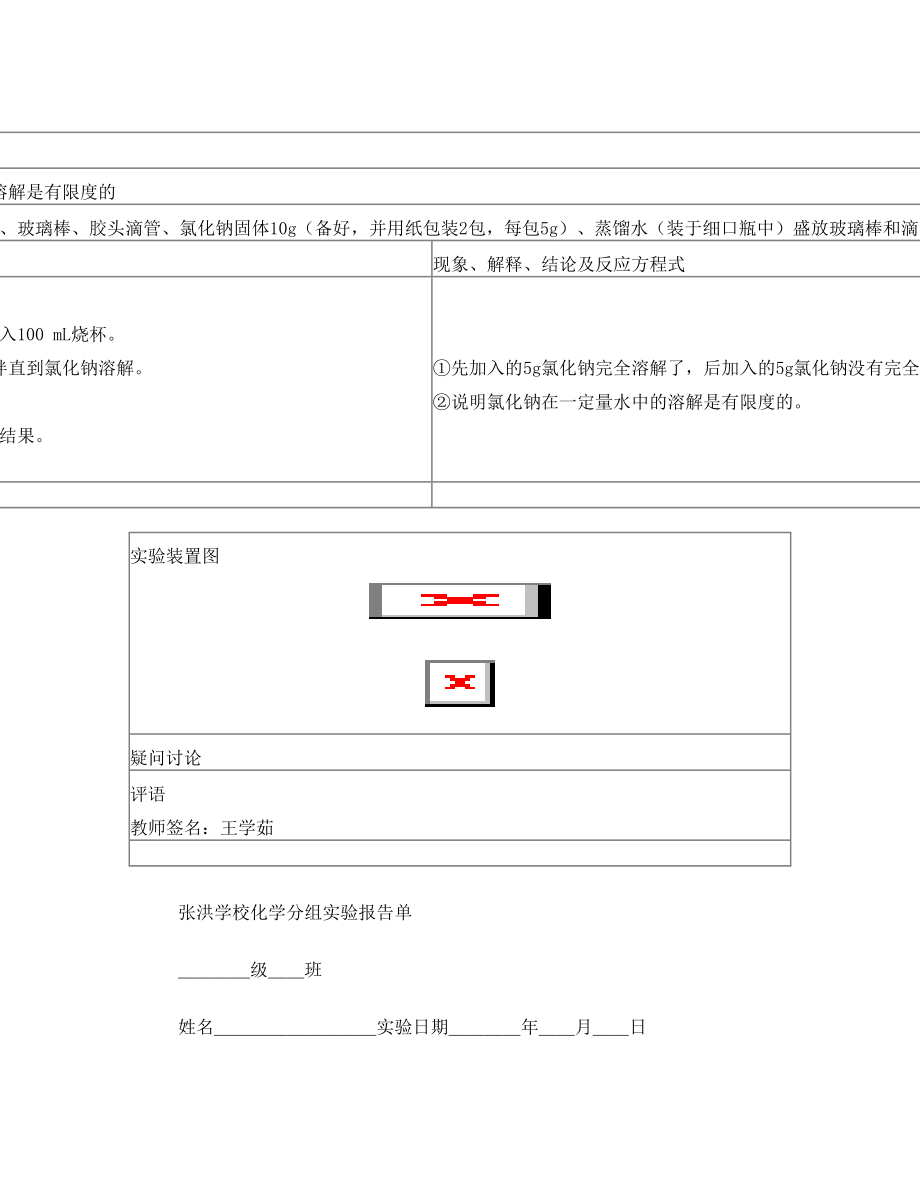 九年级下册化学分组实验报告单