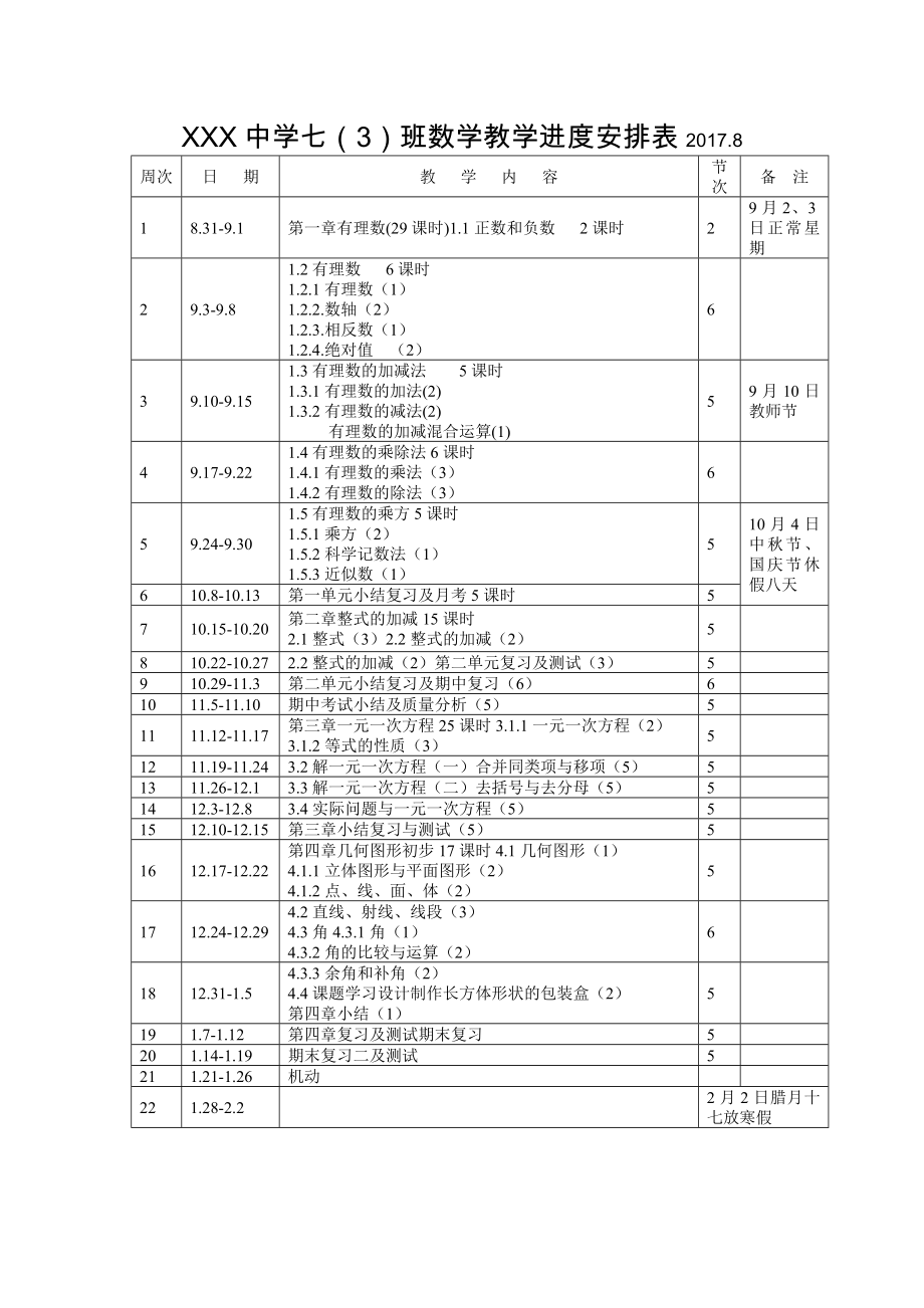 人教版七年级数学上册教学计划含进度表.doc