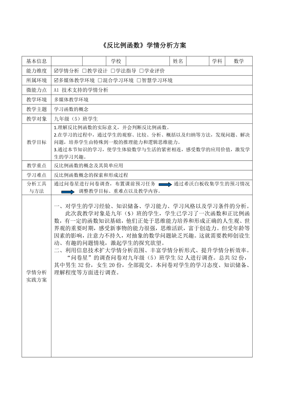 【A1技术支持学情分析】《反比例函数》学情分析方案.doc