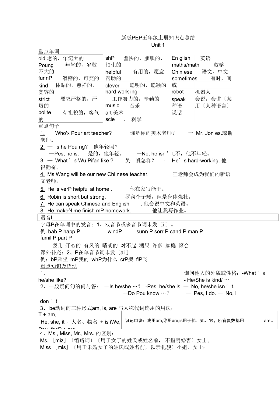 小学五年级人教版英语上册知识点总结.doc