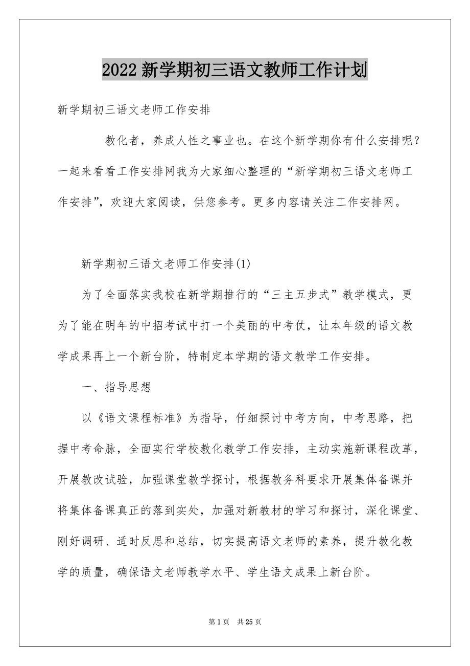 2022新学期初三语文教师工作计划.doc