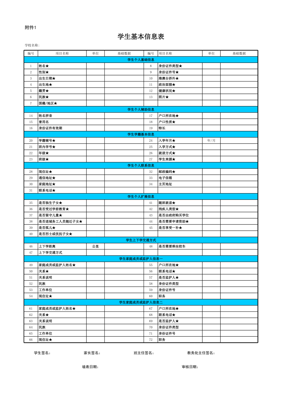 一年级新生学生基本信息表.xls