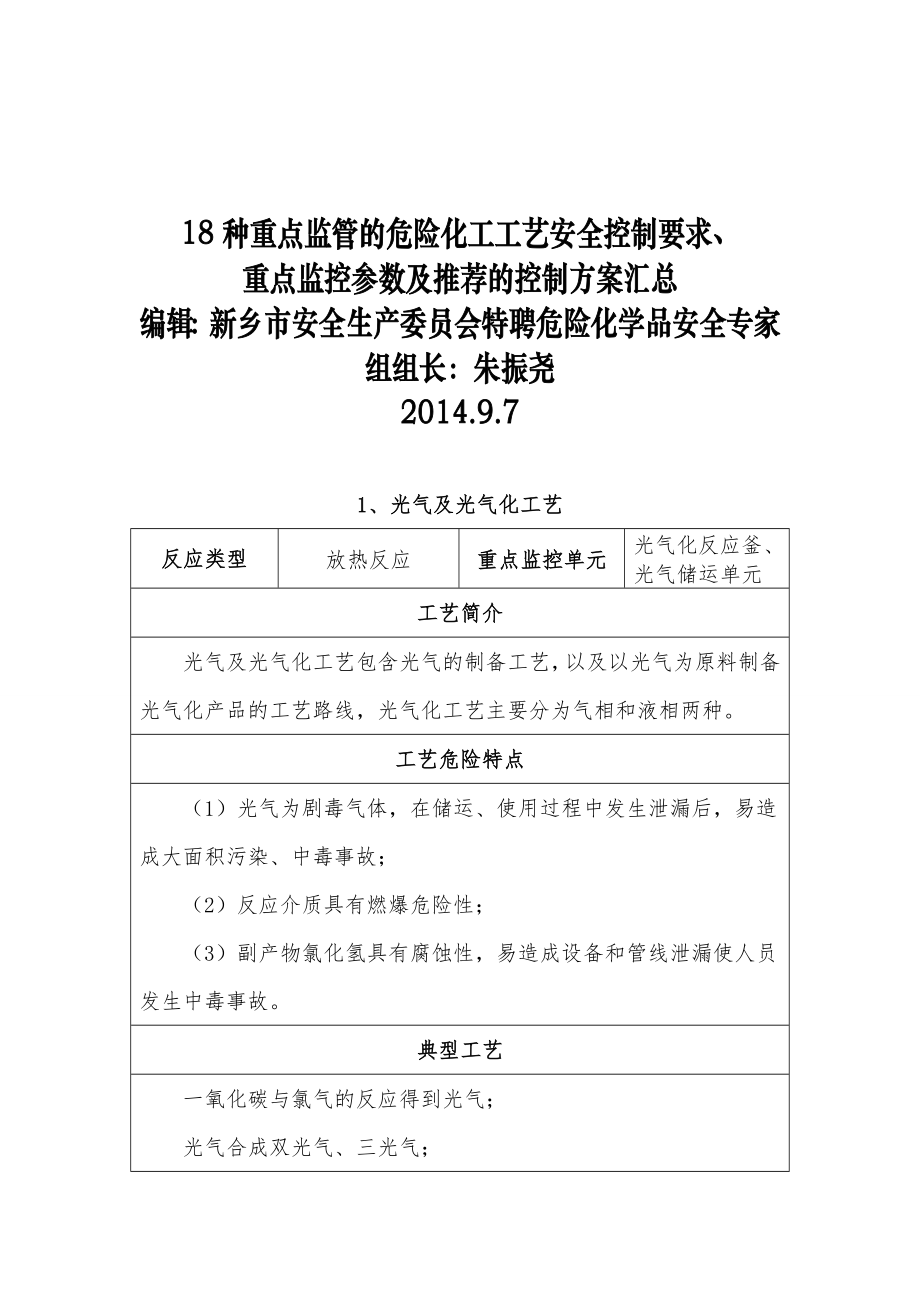 18种重点危险化学品生产工艺典型反应及安全控制条件汇总.doc