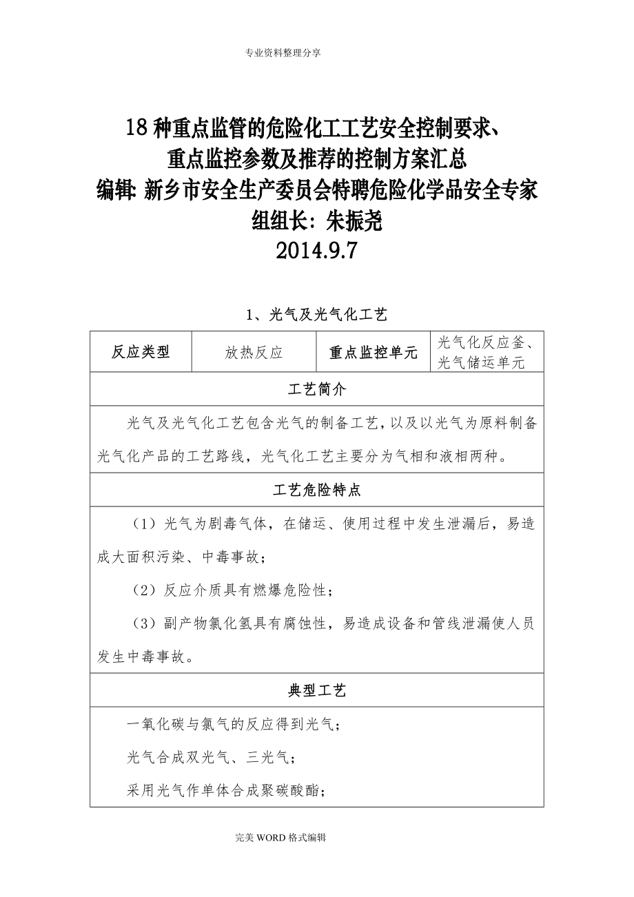 18种重点危险化学品生产工艺设计典型反应和安全控制条件汇总.doc