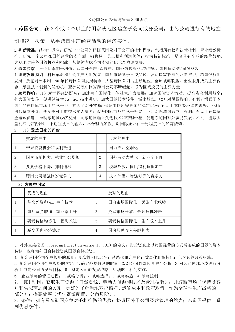 跨国公司经营与管理知识点.doc