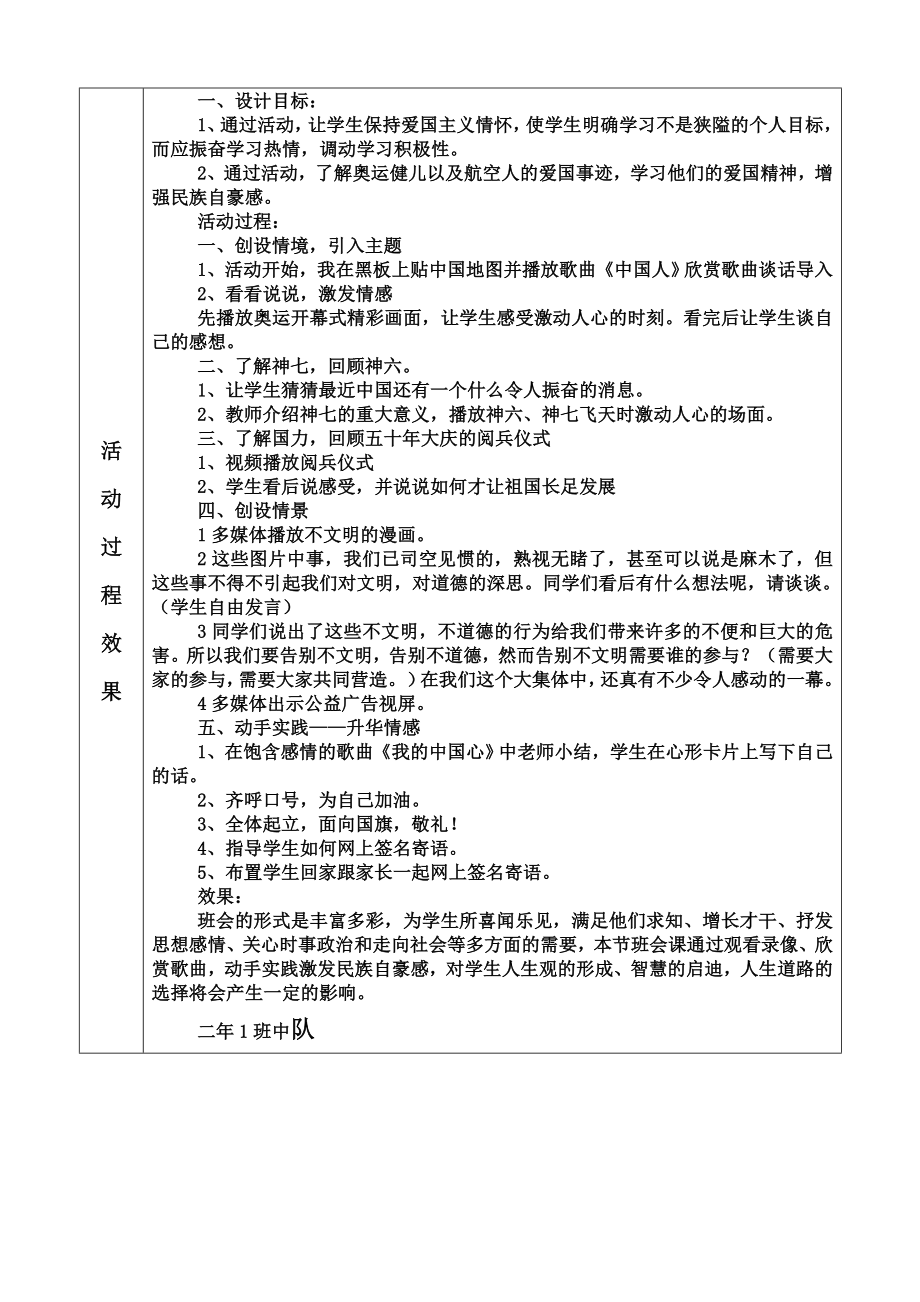 二向国旗敬礼主题班会记录表.doc