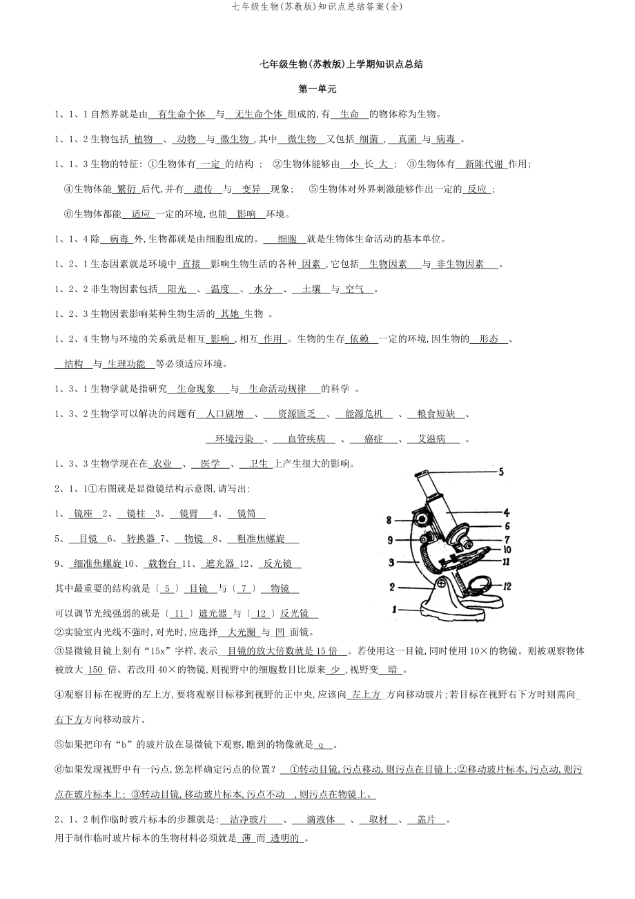 七年级生物(苏教版)知识点总结答案(全).doc