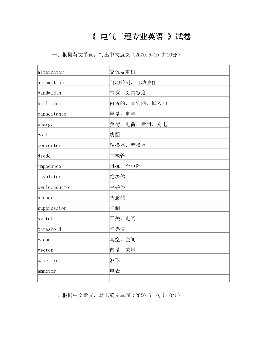 电气工程专业英语试卷及参考答案.doc