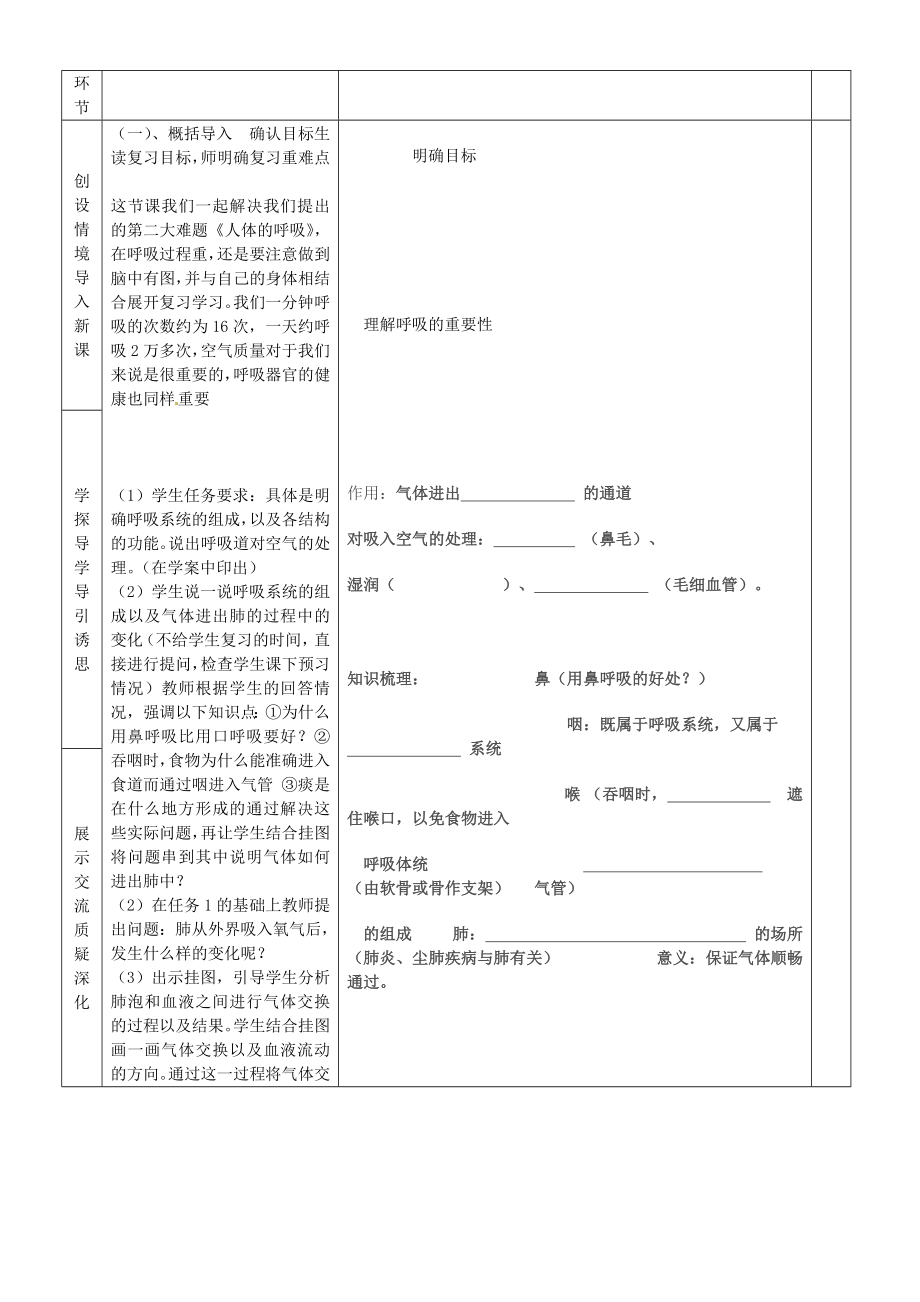 七年级生物下册 第四单元 第三章 人的呼吸复习教案 （新版）新人教版.doc