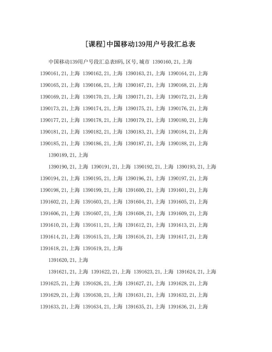 [课程]中国移动139用户号段汇总表.doc