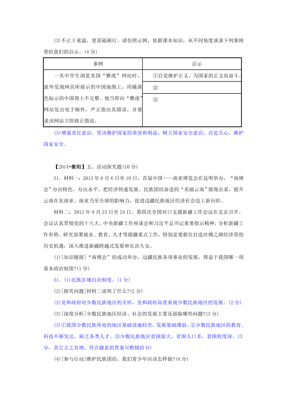 中考政治真题按知识点分类汇编：民族团结+国家统一(非选择题).doc