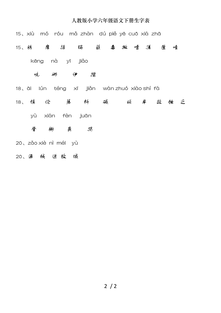 人教版小学六年级语文下册生字表.doc