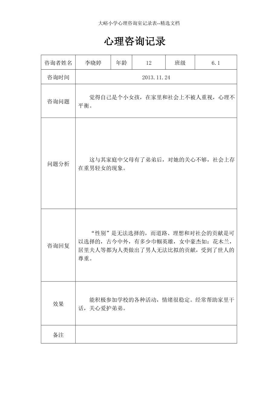 大峪小学心理咨询室记录表--精选文档.doc