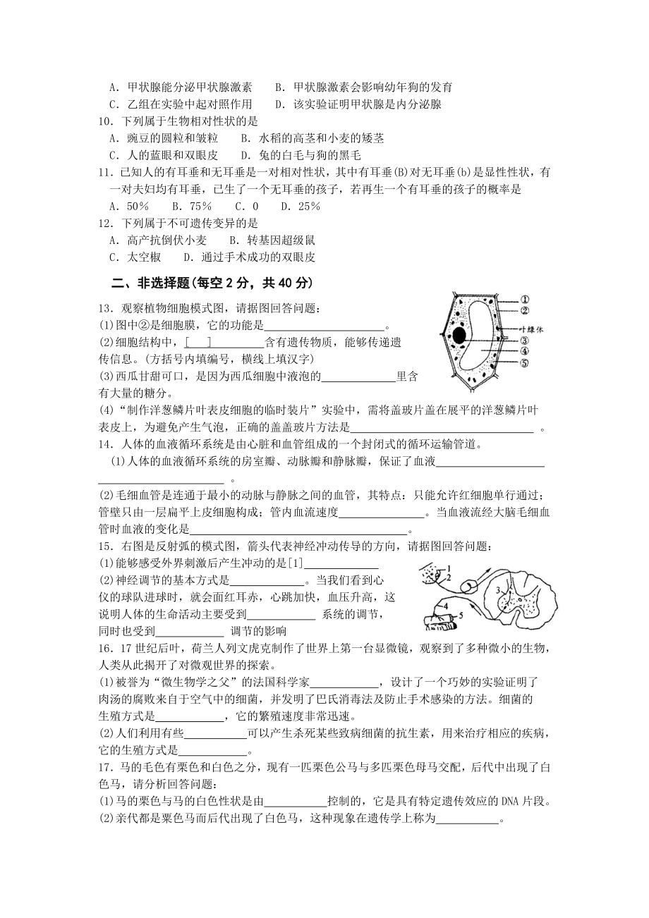 八年级生物结业考试试题（版有答案）.doc