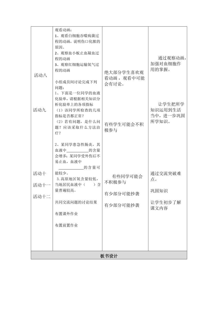 北师大版七年级生物下册第九章第1节血液教学设计