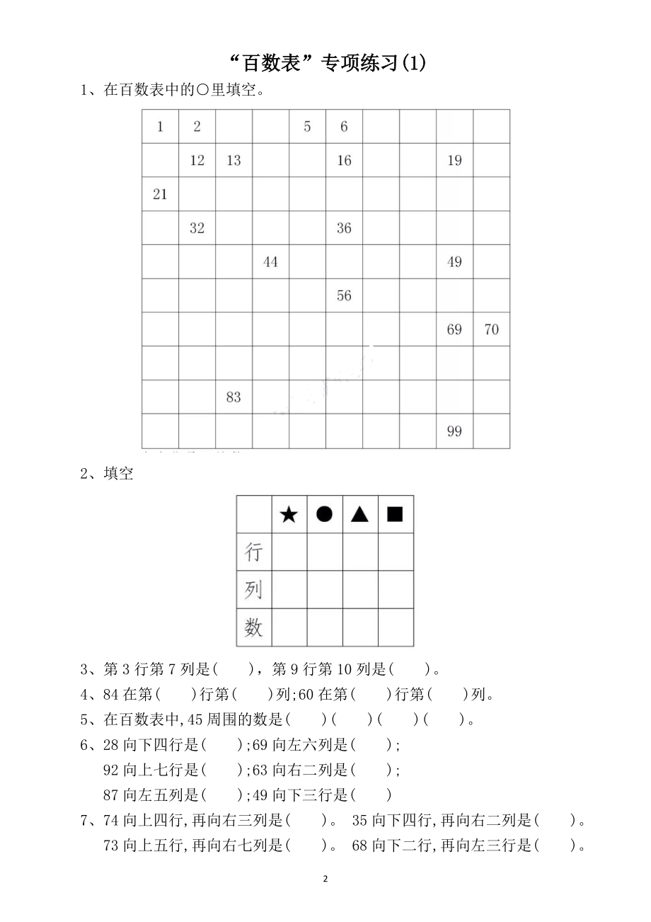 小学数学一年级下册“百数表”练习题