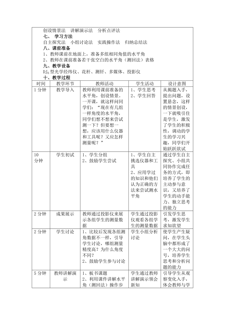 水平角测量创新说课大赛教学设计方案巩世敏创新说课大赛教学设计