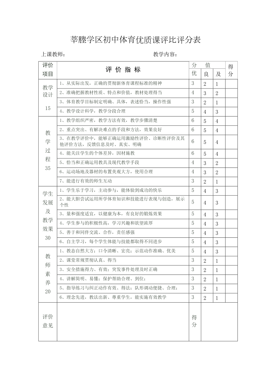 初中体育优质课评比评分表