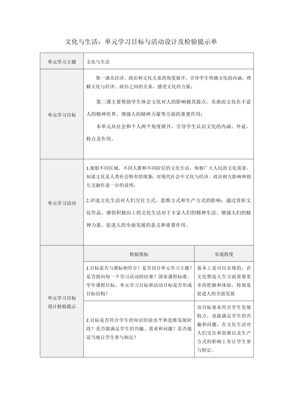 单元学习目标与活动设计及检验提示单