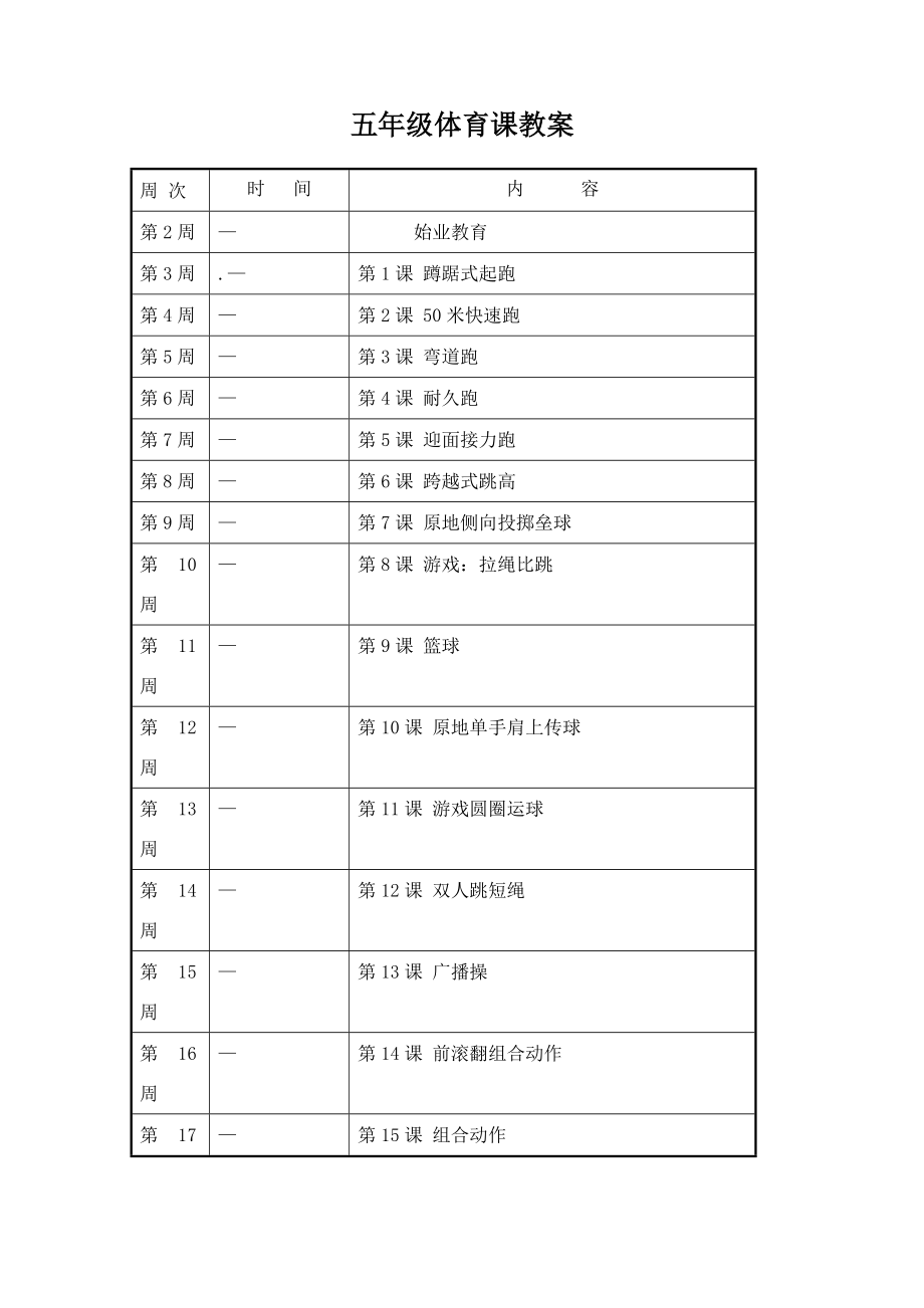 小学五年级下册体育课教案修改完整