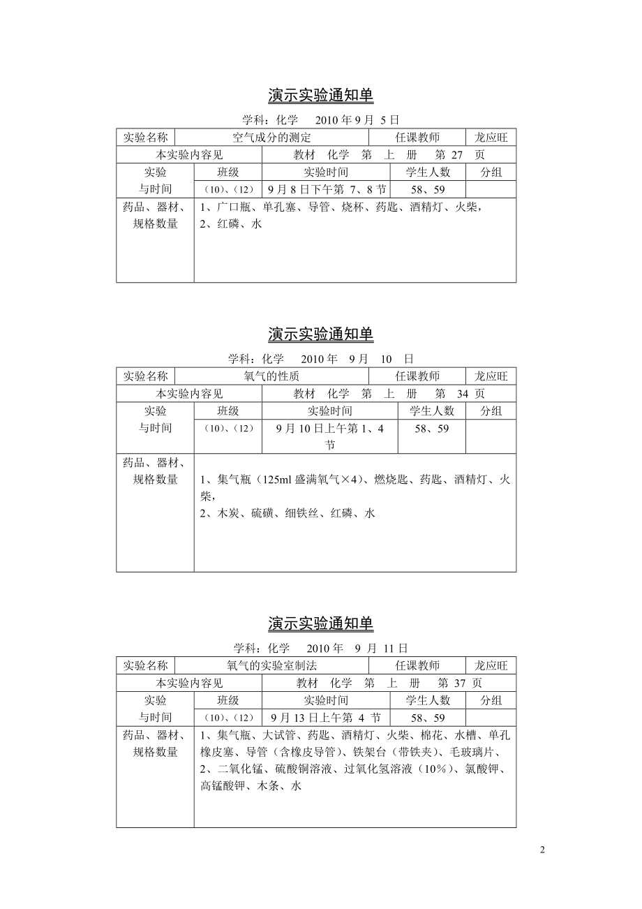 化学演示实验通知单全部