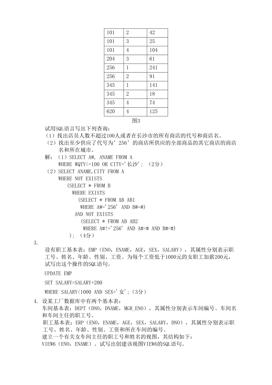 数据库期末考试试题和答案