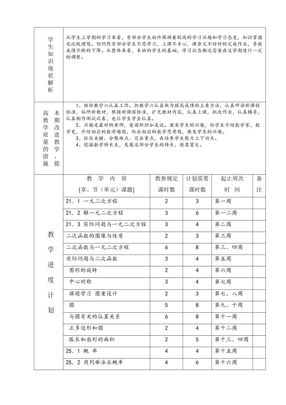 新人教版九年级数学上册教案全套表格式