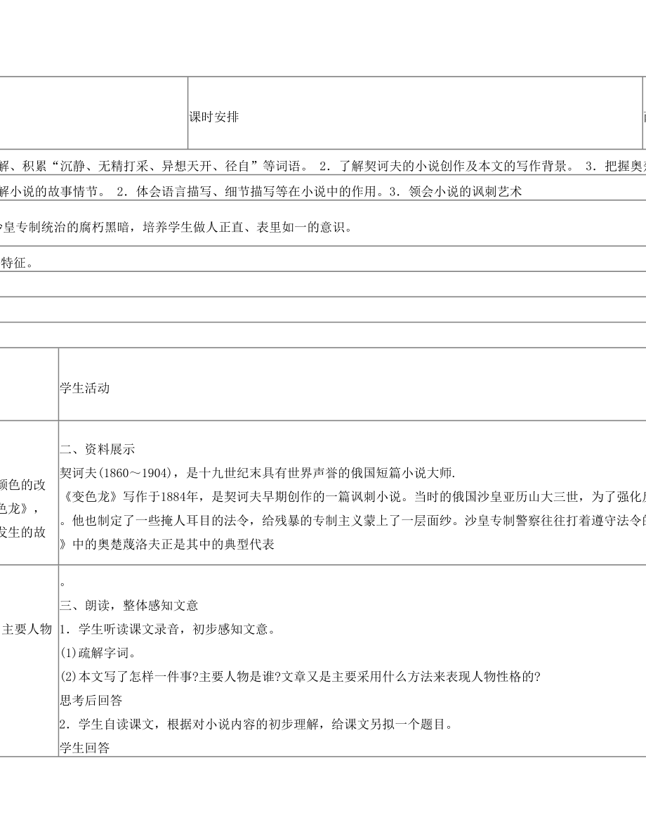 《变色龙》表格式教案