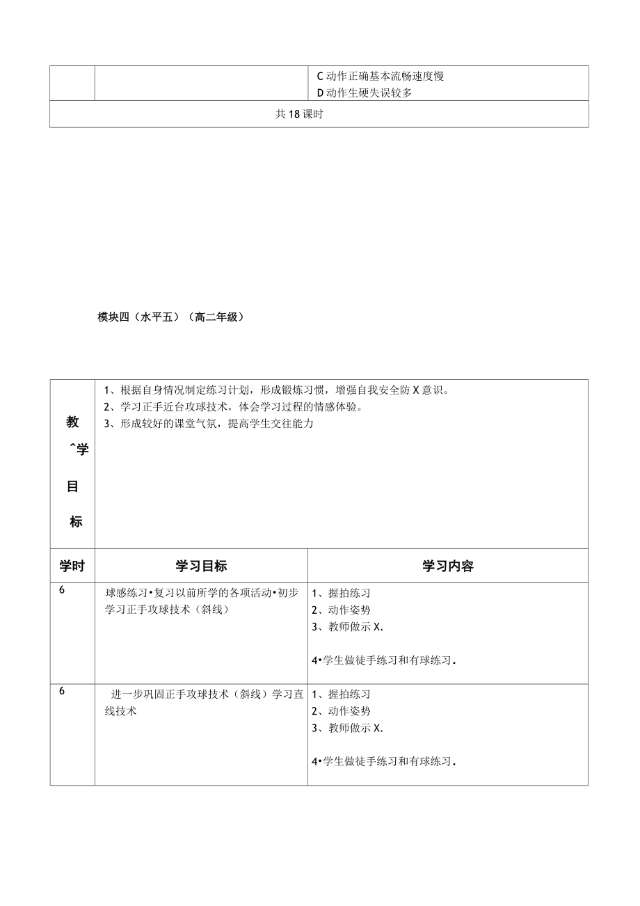 乒乓球球模块教学计划