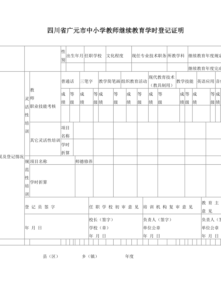 四川省广元市中小学教师继续教育学时登记证明