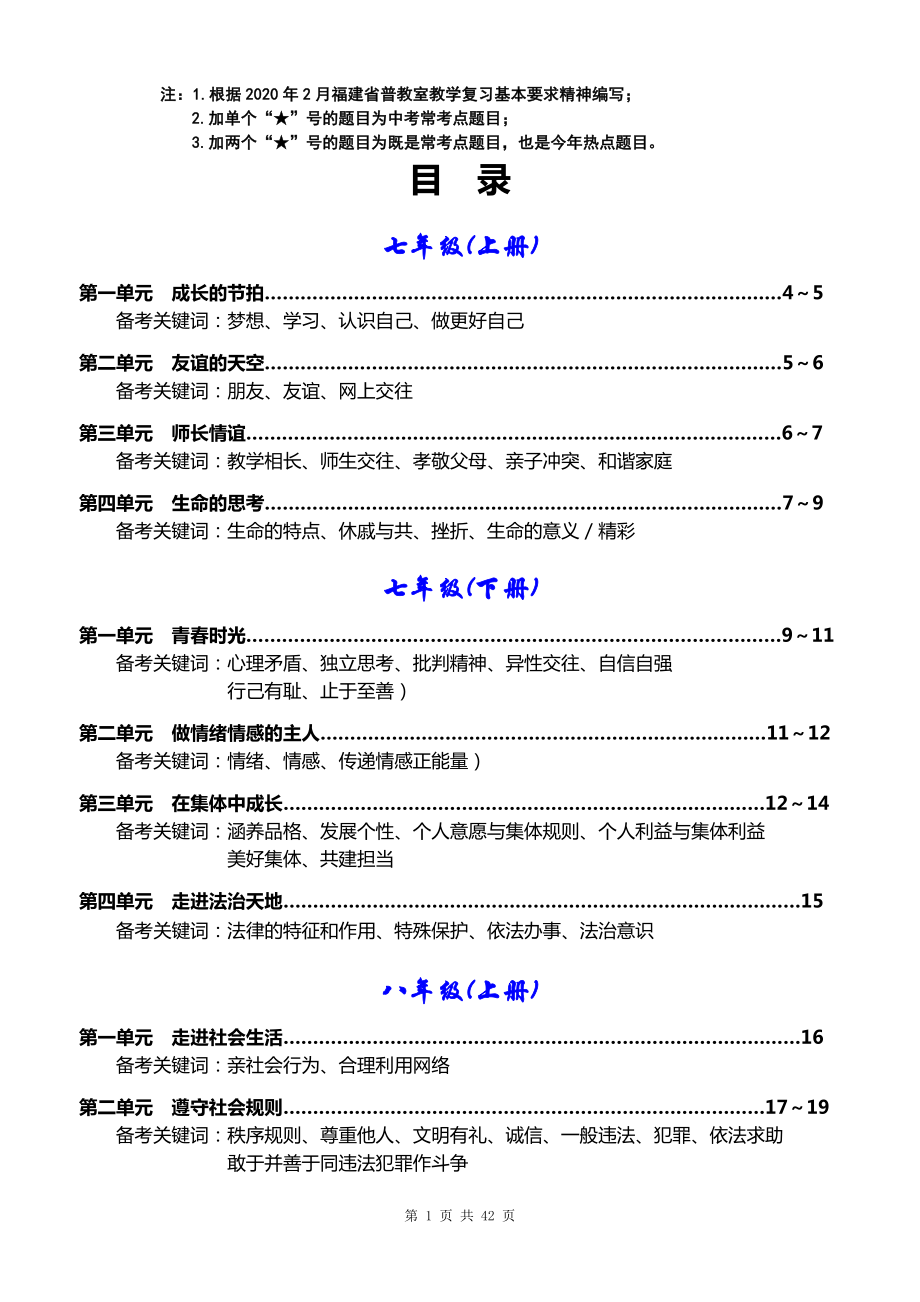 福建省届中考复习道德与法治知识清单