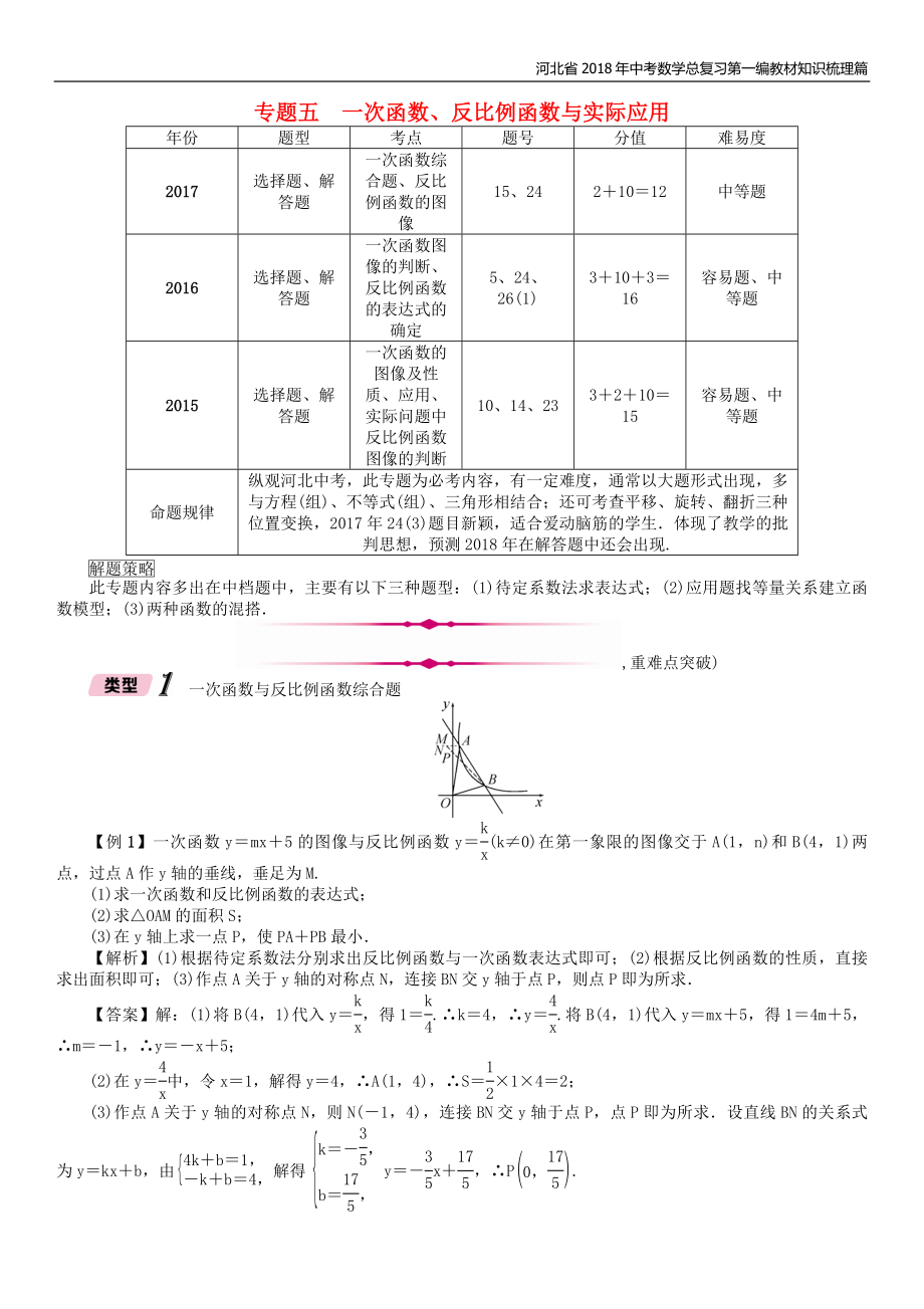 河北省中考数学总复习第二编专题突破篇专题5一次函数反比例函数与实际应用精讲试题