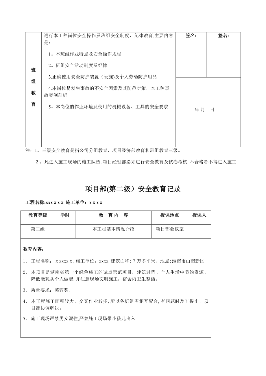 建筑企业三级安全教育记录及表格(全)