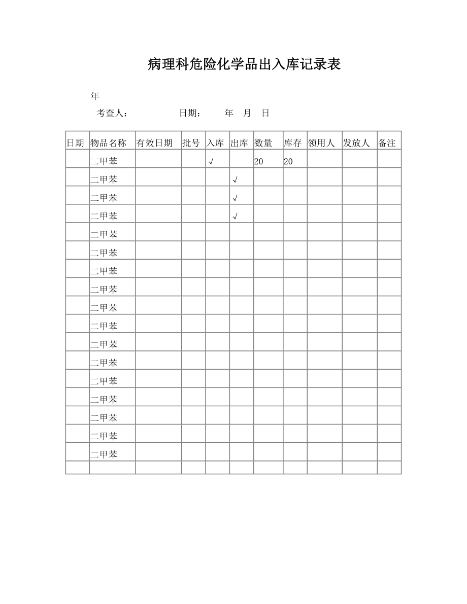 病理科危险化学品出入库记录表(二甲苯)