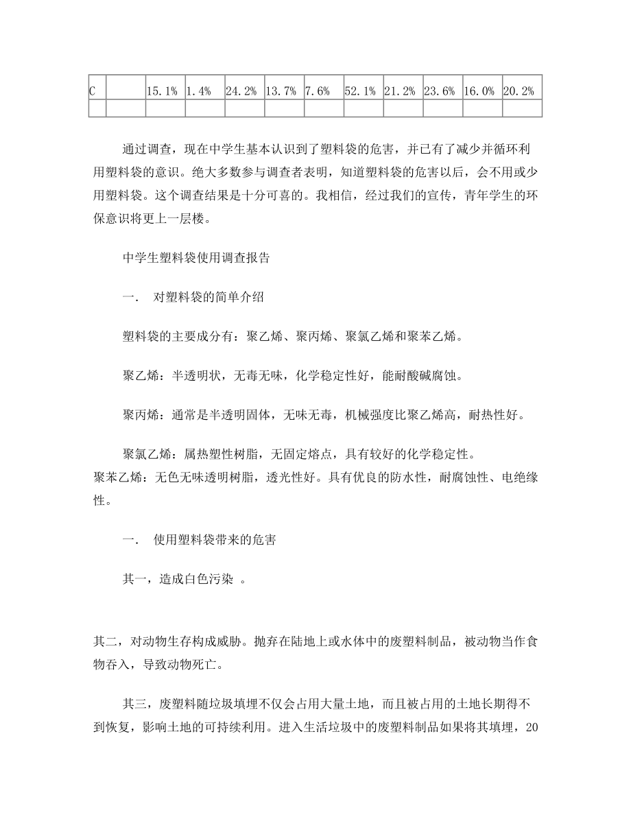 《中学生塑料袋使用调查报告》研究性学习课题报告