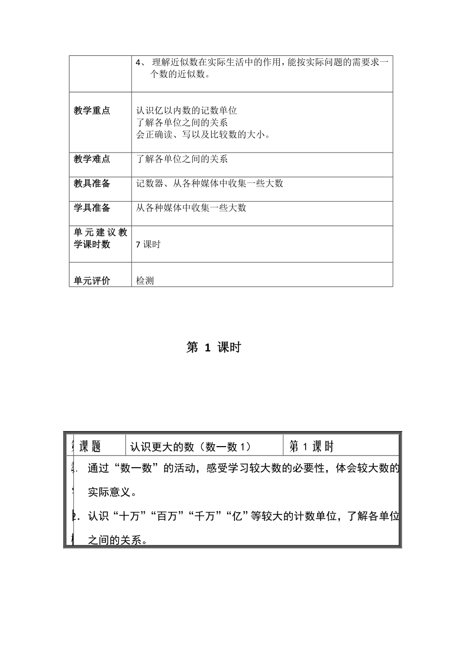 北师大版四年级上册数学教案(表格式)+北师大版四年级上册数学教案