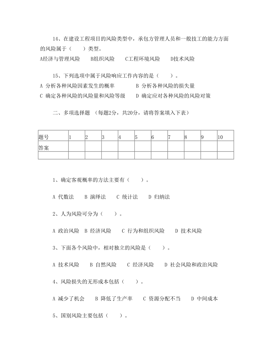 工程项目风险管理考试题2及答案