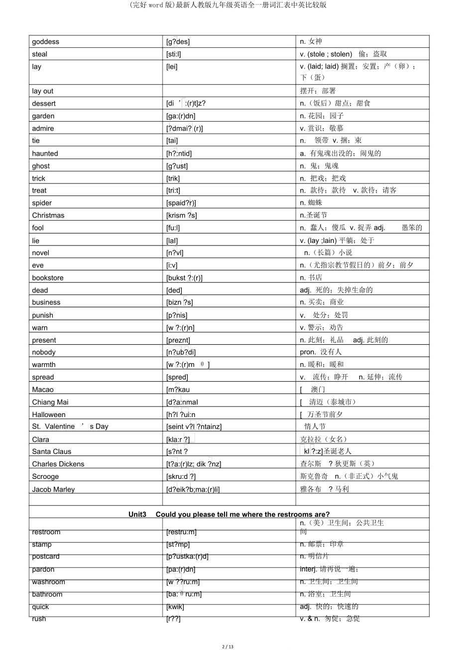 人教版九年级英语全一册词汇表中英对照版