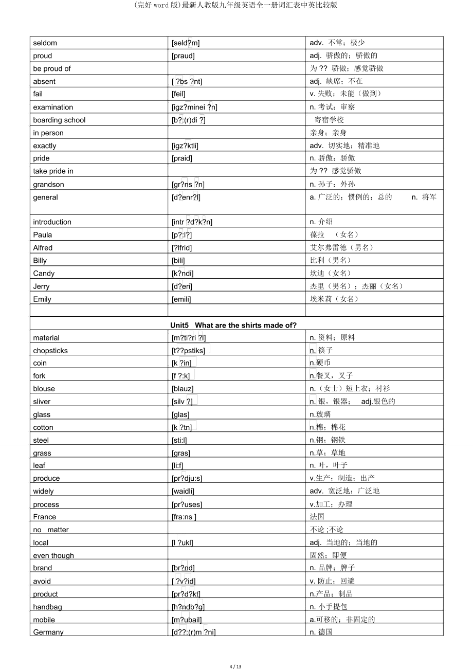 人教版九年级英语全一册词汇表中英对照版