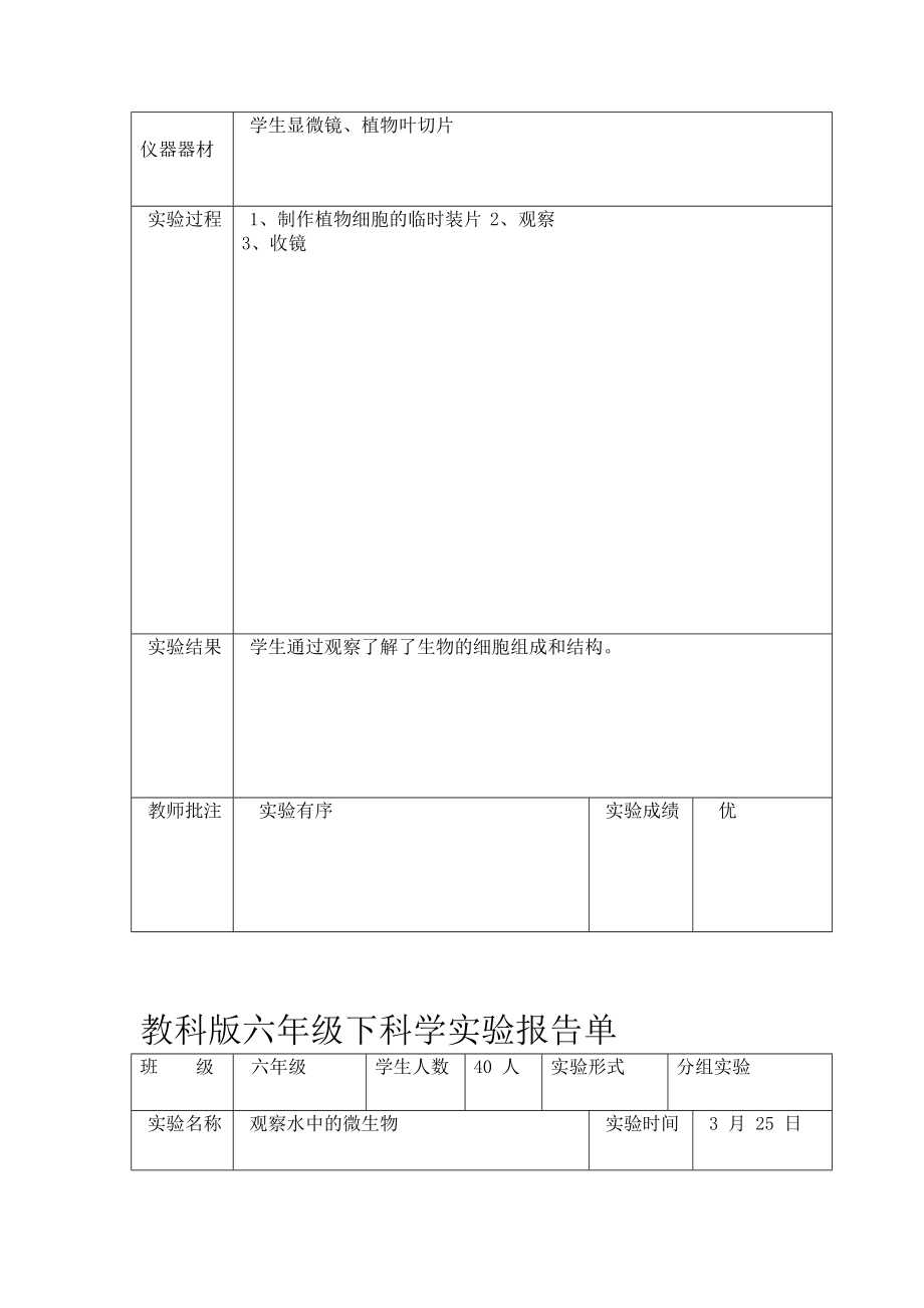 教科版六年级下科学实验报告单新版.doc