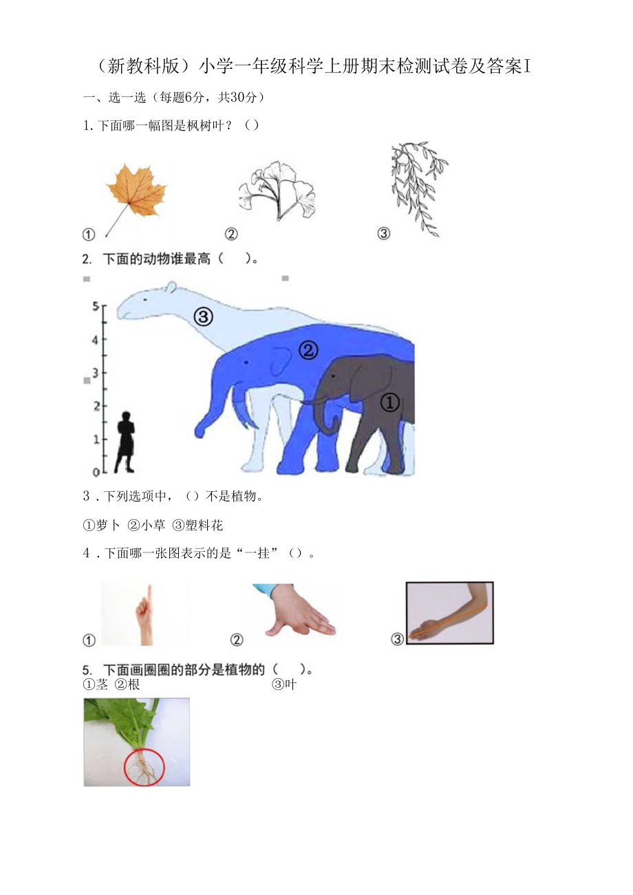 新教科版小学一年级科学上册期末检测试卷及答案(两套).doc